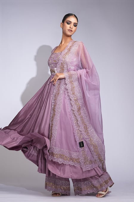 Shruti S Purple Silk, Organza Sequins, Embroidery Square Neck Anarkali Set Online at Aza Fashions Shruti S_Purple Silk, Organza Sequins, Embroidery Square Neck Anarkali Set _Online_at_Aza_Fashions