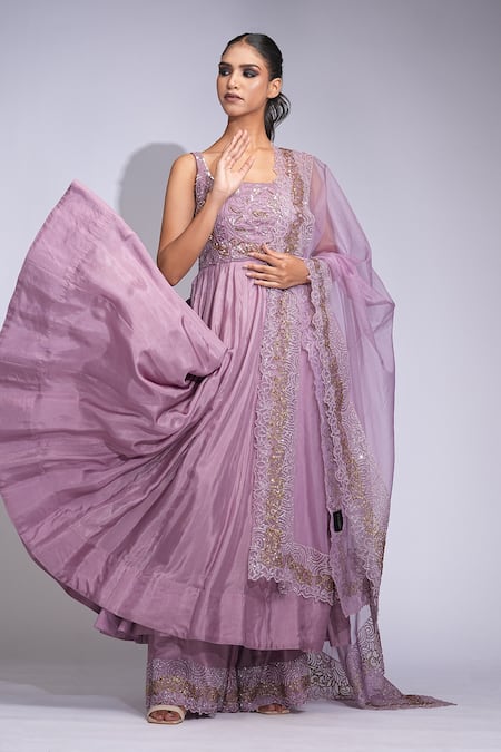 Shruti S Purple Silk, Organza Sequins, Embroidery Square Neck Anarkali Set at Aza Fashions Shruti S_Purple Silk, Organza Sequins, Embroidery Square Neck Anarkali Set _at_Aza_Fashions