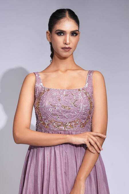 Buy Shruti S Purple Silk, Organza Sequins, Embroidery Square Neck Anarkali Set Buy_Shruti S_Purple Silk, Organza Sequins, Embroidery Square Neck Anarkali Set