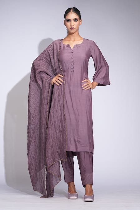 Shruti S Purple Cotton, Organza Zari Round Neck Zari-checked Kurta Set 