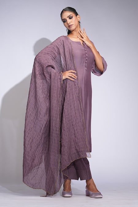 Shruti S_Purple Cotton, Organza Zari Round Neck Zari-checked Kurta Set _Online_at_Aza_Fashions