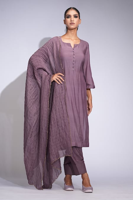 Buy_Shruti S_Purple Cotton, Organza Zari Round Neck Zari-checked Kurta Set _Online_at_Aza_Fashions