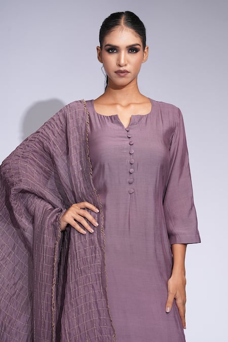 Shop_Shruti S_Purple Cotton, Organza Zari Round Neck Zari-checked Kurta Set _Online_at_Aza_Fashions