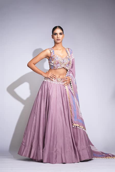 Shruti S Purple Silk Sequins Sweetheart Neck Embroidered Lehenga Set 