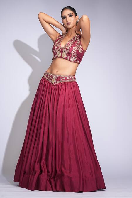 Shruti S Maroon Silk, Georgette Sequins, Embroidery, Zari, Crystals V-neck Lehenga Set Online at Aza Fashions Shruti S_Maroon Silk, Georgette Sequins, Embroidery, Zari, Crystals V-neck Lehenga Set _Online_at_Aza_Fashions