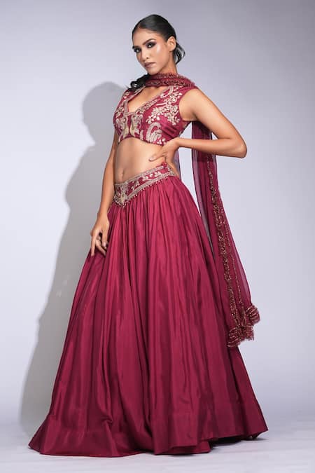 Buy Shruti S Maroon Silk, Georgette Sequins, Embroidery, Zari, Crystals V-neck Lehenga Set Online at Aza Fashions Buy_Shruti S_Maroon Silk, Georgette Sequins, Embroidery, Zari, Crystals V-neck Lehenga Set _Online_at_Aza_Fashions