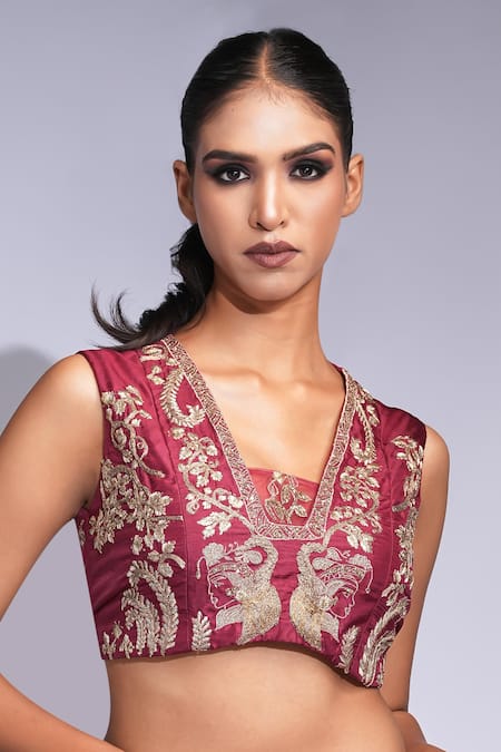 Shruti S Maroon Silk, Georgette Sequins, Embroidery, Zari, Crystals V-neck Lehenga Set at Aza Fashions Shruti S_Maroon Silk, Georgette Sequins, Embroidery, Zari, Crystals V-neck Lehenga Set _at_Aza_Fashions