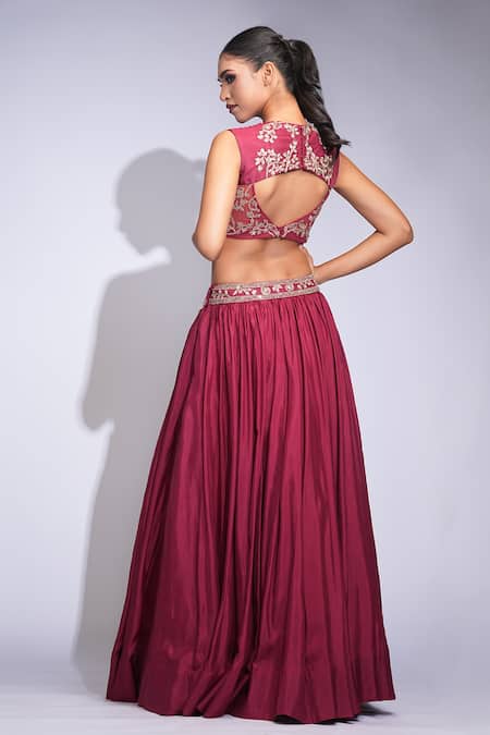 Shruti S Maroon Silk Embroidered Lehenga Set 