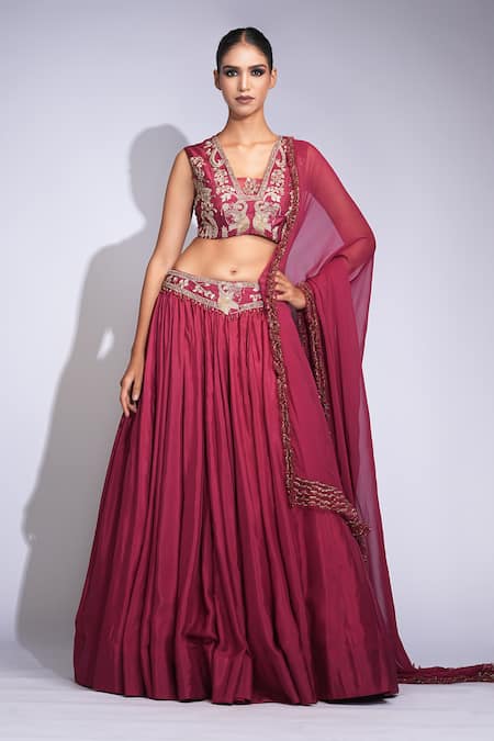 Buy Shruti S Maroon Silk, Georgette Sequins, Embroidery, Zari, Crystals V-neck Lehenga Set Buy_Shruti S_Maroon Silk, Georgette Sequins, Embroidery, Zari, Crystals V-neck Lehenga Set