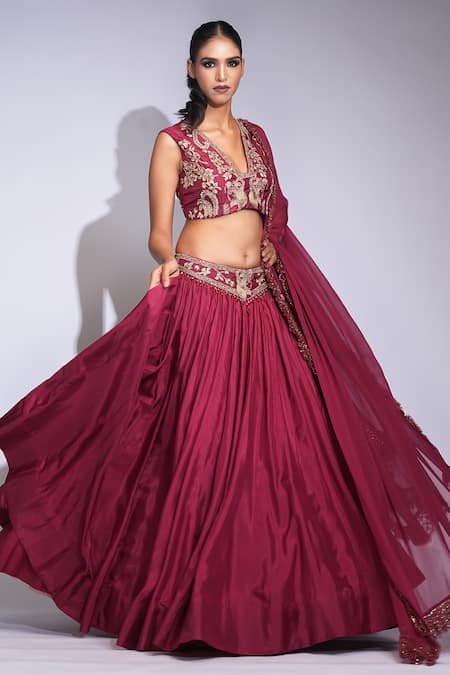 Shop Shruti S Maroon Silk, Georgette Sequins, Embroidery, Zari, Crystals V-neck Lehenga Set Shop_Shruti S_Maroon Silk, Georgette Sequins, Embroidery, Zari, Crystals V-neck Lehenga Set