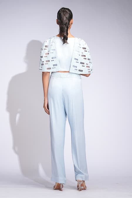 Shruti S Blue Silk Embroidered Crop Top Set 