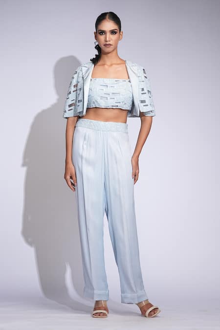 Shruti S Blue Silk, Satin Sequins Square , Open Embroidered Crop Top Set 