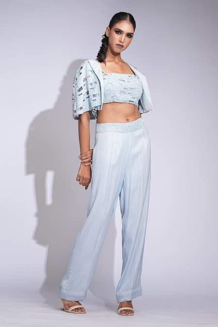 Buy Shruti S Blue Silk, Satin Sequins Square , Open Embroidered Crop Top Set Online at Aza Fashions Buy_Shruti S_Blue Silk, Satin Sequins Square , Open Embroidered Crop Top Set _Online_at_Aza_Fashions