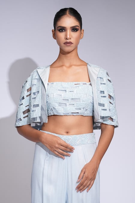 Buy Shruti S Blue Silk, Satin Sequins Square , Open Embroidered Crop Top Set Buy_Shruti S_Blue Silk, Satin Sequins Square , Open Embroidered Crop Top Set