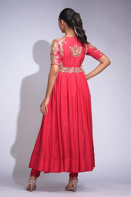 Shruti S Red Zari Embroidered Anarkali Set 