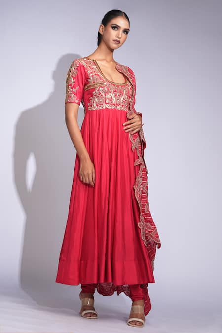 Shruti S_Red Silk, Crepe, Organza Zari, Sequins Square Neck Embroidered Anarkali Set _Online_at_Aza_Fashions