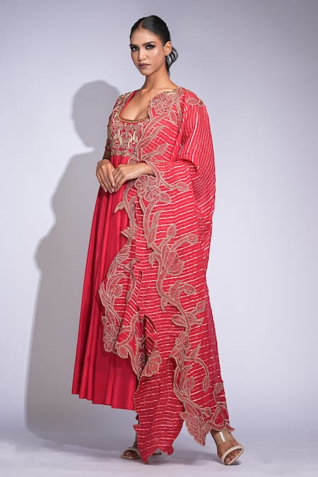 Shop_Shruti S_Red Silk, Crepe, Organza Zari, Sequins Square Neck Embroidered Anarkali Set _Online_at_Aza_Fashions