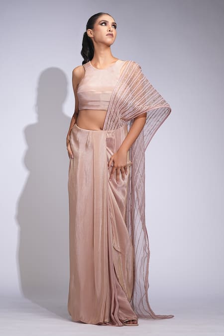 Buy Shruti S Rose Gold Tussar, Organza, Crepe Sequins Round Neck Pre-draped Saree Set Online at Aza Fashions Buy_Shruti S_Rose Gold Tussar, Organza, Crepe Sequins Round Neck Pre-draped Saree Set _Online_at_Aza_Fashions