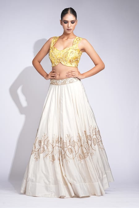 Buy_Shruti S_Off White Silk, Organza Sequins, Beads Butter Yellow Embroidered Lehenga Set _Online_at_Aza_Fashions
