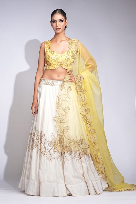 Shruti S Off White Silk, Organza Sequins, Beads Butter Yellow Embroidered Lehenga Set 