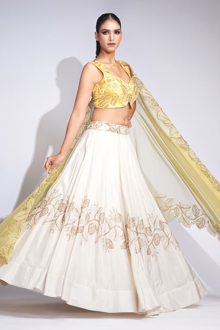 Shruti S_Off White Silk, Organza Sequins, Beads Butter Yellow Embroidered Lehenga Set _at_Aza_Fashions