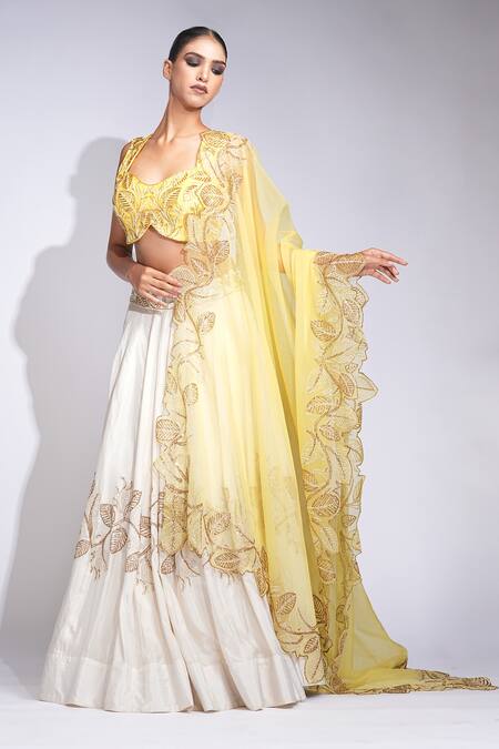 Buy_Shruti S_Off White Silk, Organza Sequins, Beads Butter Yellow Embroidered Lehenga Set 