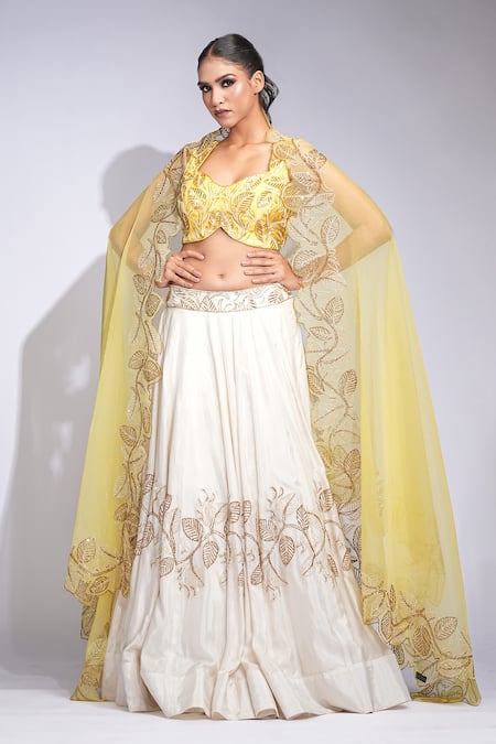 Shop_Shruti S_Off White Silk, Organza Sequins, Beads Butter Yellow Embroidered Lehenga Set 