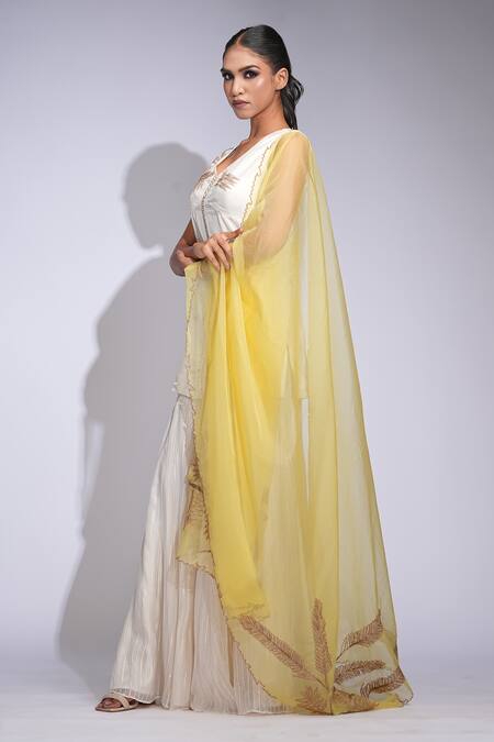 Shruti S_Off White Silk, Organza Zari V-neck Embroidered Kurta Sharara Set _Online_at_Aza_Fashions