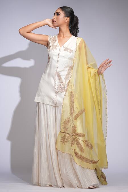 Buy_Shruti S_Off White Silk, Organza Zari V-neck Embroidered Kurta Sharara Set _Online_at_Aza_Fashions