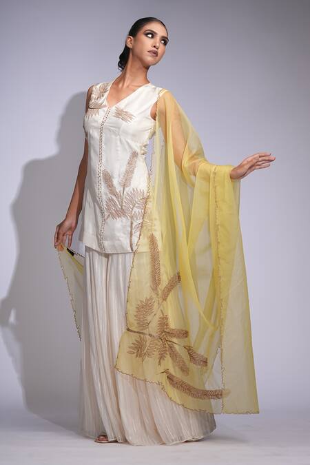 Shop_Shruti S_Off White Silk, Organza Zari V-neck Embroidered Kurta Sharara Set _Online_at_Aza_Fashions