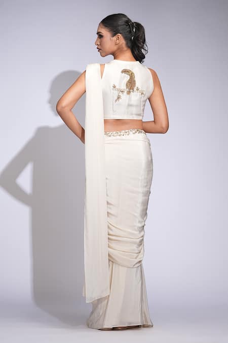 Shruti S Off White Hand Embroidered Pre-Draped Saree & Blouse Set 