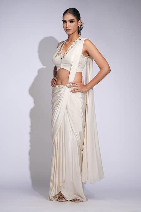 Shruti S_Off White Crepe, Silk Sequins Hand Embroidered Pre-draped Saree And Blouse Set _Online_at_Aza_Fashions