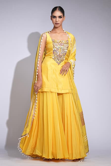 Buy Shruti S Yellow Silk, Crepe Sequins, Embroidery Square Neck Kurta Sharara Set Online at Aza Fashions Buy_Shruti S_Yellow Silk, Crepe Sequins, Embroidery Square Neck Kurta Sharara Set _Online_at_Aza_Fashions