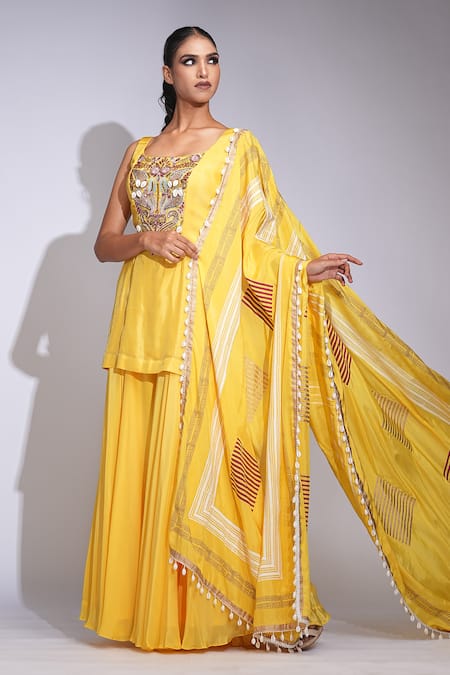 Shruti S Yellow Silk, Crepe Sequins, Embroidery Square Neck Kurta Sharara Set at Aza Fashions Shruti S_Yellow Silk, Crepe Sequins, Embroidery Square Neck Kurta Sharara Set _at_Aza_Fashions
