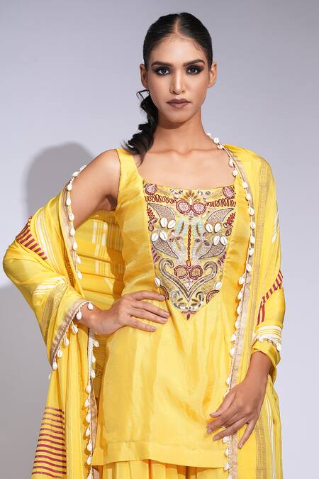 Buy Shruti S Yellow Silk, Crepe Sequins, Embroidery Square Neck Kurta Sharara Set Buy_Shruti S_Yellow Silk, Crepe Sequins, Embroidery Square Neck Kurta Sharara Set