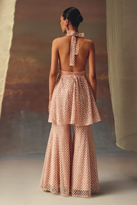 Shop Twenty Nine Blush Net Sequins Halter Neck Pink Short Tunic at Aza Fashions Shop_Twenty Nine_Blush Net Sequins Halter Neck Pink Short Tunic _at_Aza_Fashions