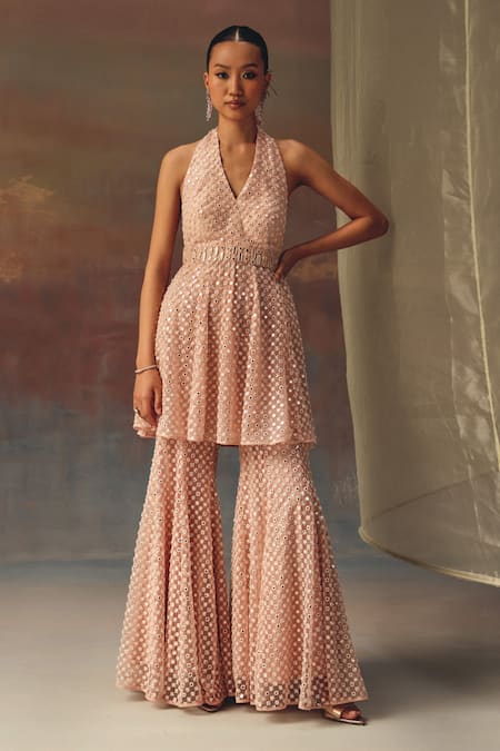 Shop Twenty Nine Blush Net Sequins Halter Neck Pink Short Tunic Online at Aza Fashions Shop_Twenty Nine_Blush Net Sequins Halter Neck Pink Short Tunic _Online_at_Aza_Fashions