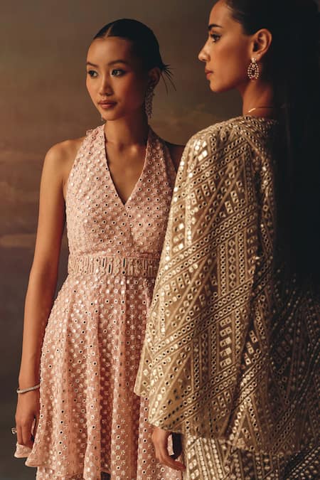 Twenty Nine Blush Net Sequins Halter Neck Pink Short Tunic at Aza Fashions Twenty Nine_Blush Net Sequins Halter Neck Pink Short Tunic _at_Aza_Fashions