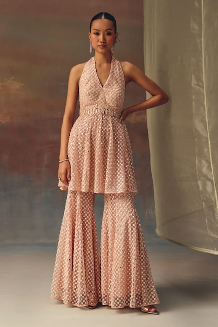 Buy_Twenty Nine_Blush Net Pink Designer Bootcut Pant _Online_at_Aza_Fashions