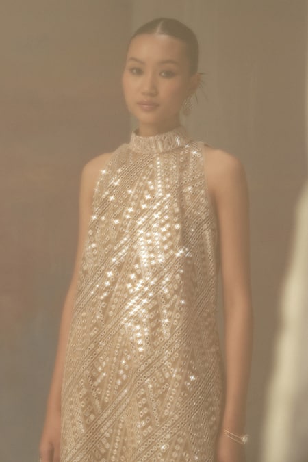 Twenty Nine_Gold Net Sequins, Beads High Neck Designer Tunic _Online_at_Aza_Fashions