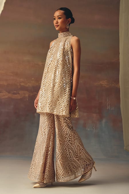 Buy_Twenty Nine_Gold Net Sequins, Beads High Neck Designer Tunic _Online_at_Aza_Fashions