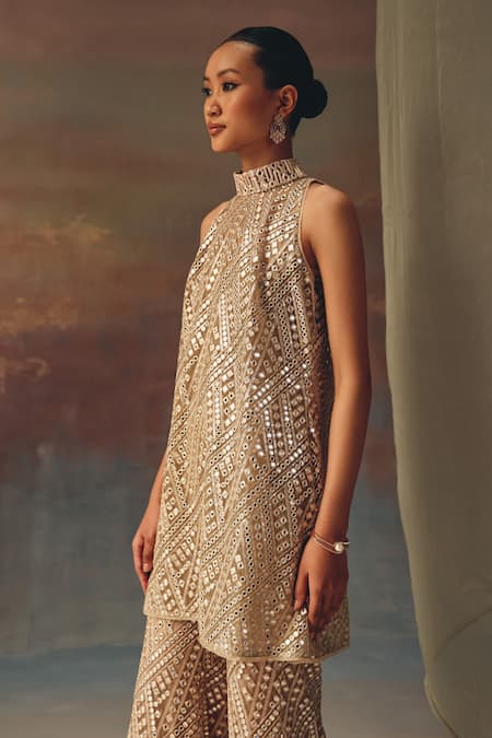 Shop_Twenty Nine_Gold Net Sequins, Beads High Neck Designer Tunic _Online_at_Aza_Fashions