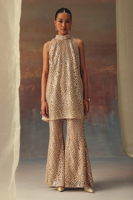 Twenty Nine Gold Net Sequins, Beads High Neck Designer Tunic 