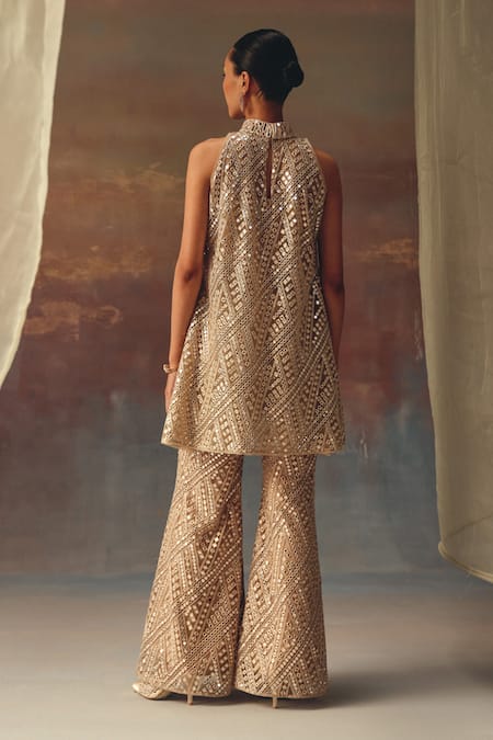 Shop_Twenty Nine_Gold Net Sequins, Beads High Neck Designer Tunic _at_Aza_Fashions