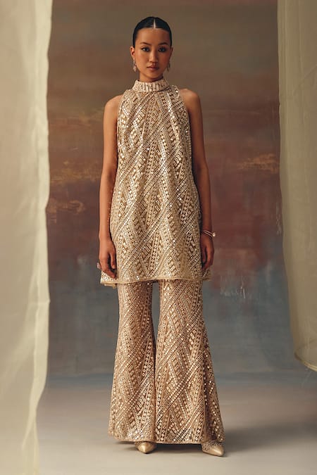 Twenty Nine Gold Net Sequins Designer Bell Bottom Pant 
