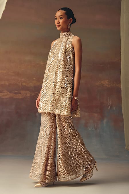Twenty Nine_Gold Net Sequins Designer Bell Bottom Pant _Online_at_Aza_Fashions