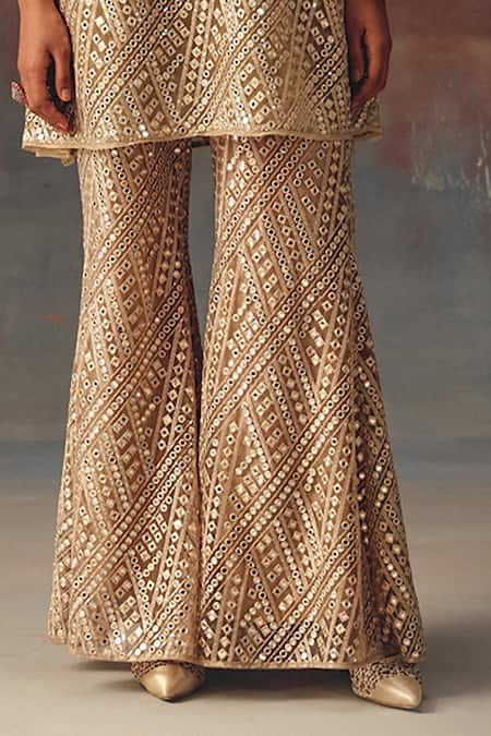 Buy_Twenty Nine_Gold Net Sequins Designer Bell Bottom Pant _Online_at_Aza_Fashions