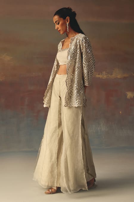 Twenty Nine_Silver Georgette Sequins Round Neck Classic Scallop Jacket _Online_at_Aza_Fashions