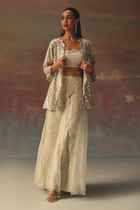 Buy_Twenty Nine_Silver Georgette Sequins Round Neck Classic Scallop Jacket _Online_at_Aza_Fashions