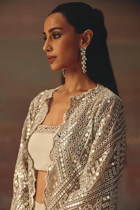 Shop_Twenty Nine_Silver Georgette Sequins Round Neck Classic Scallop Jacket _Online_at_Aza_Fashions